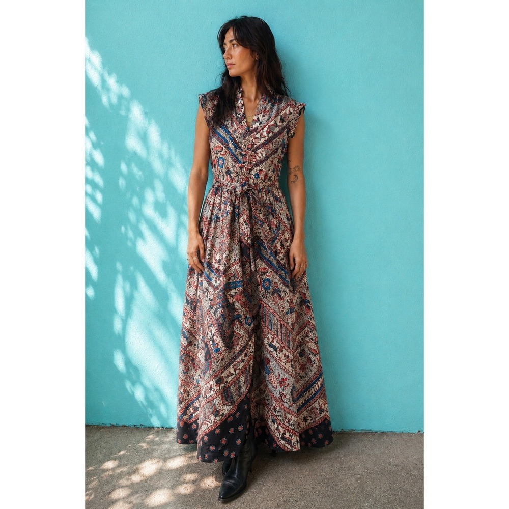 Vintage 70s Indian Cotton Peacock Print Hostess Maxi Dress XS S Boho Folk